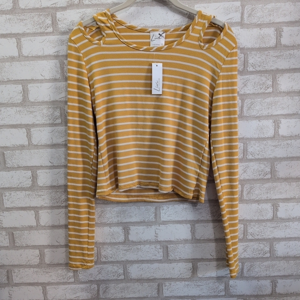 NWT Olivia Rae Long Sleeve Crop Top Yellow Striped Size Small